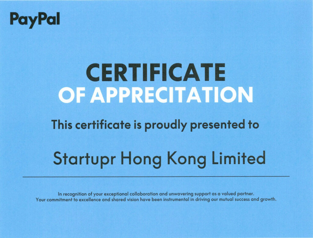 PayPal, Startupr Hong Kong's Certificate of Appreciation