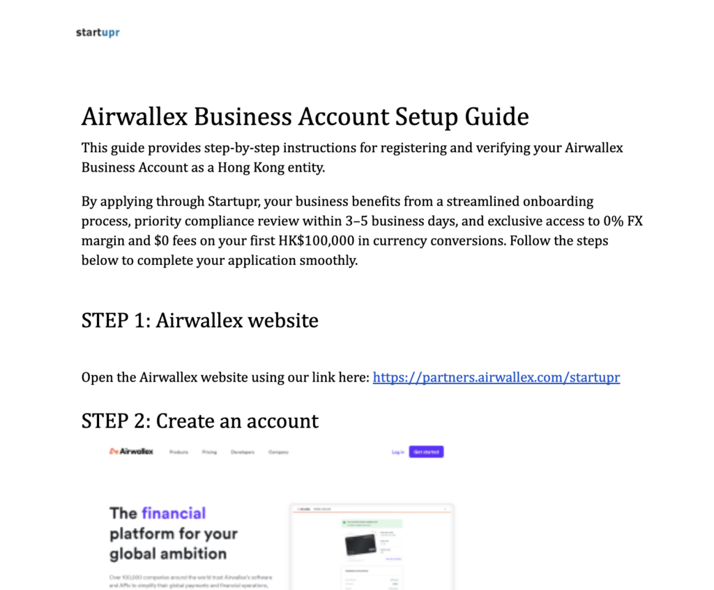 Preview of the step-by-step Airwallex guide provided by Startupr, including priority review and 0% FX margin on your first HK$100,000.