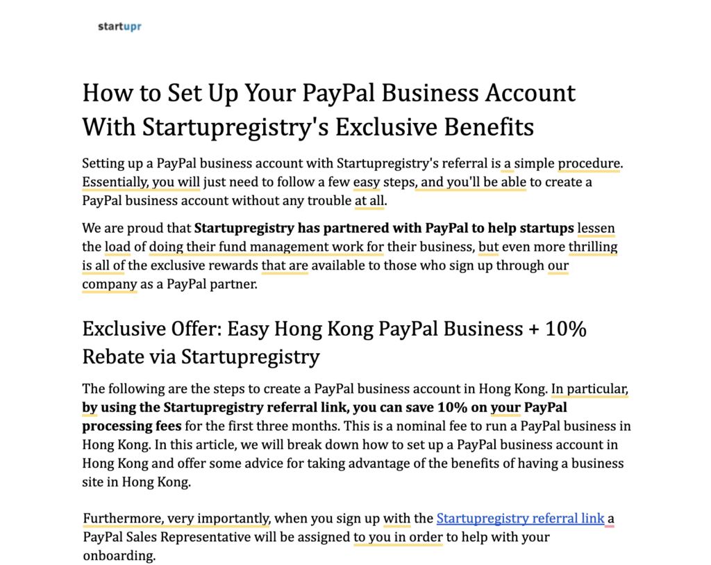 Preview of the step-by-step guide customers receive to unlock Startupr’s exclusive PayPal perks and 10% fee rebate.