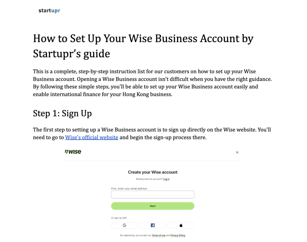 Preview of the step-by-step Wise Business setup guide provided by Startupr to manage multi-currency transactions for your Hong Kong company.